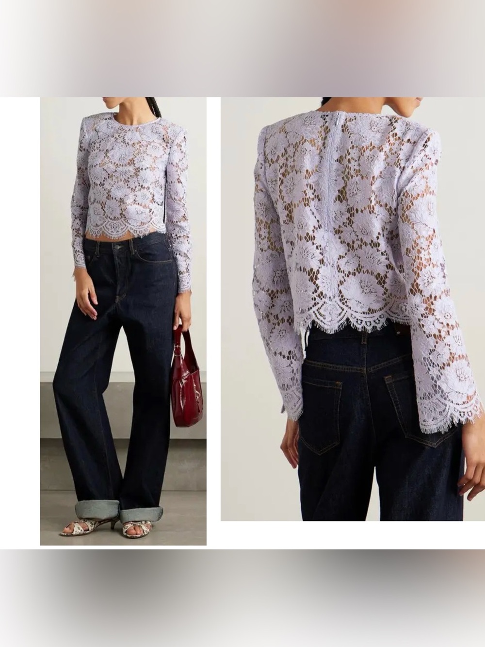 Self-Portrait Lilac Lace Fluted Sleeve Top Pastel Floral Crew Neck US Size 10